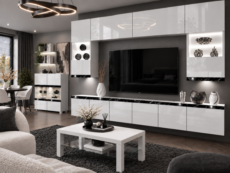 Meblościanka Prestige 300 cm TV/RTV biała połysk Producent IMP P1 Nolan 1/5/W/W/0/0/CS