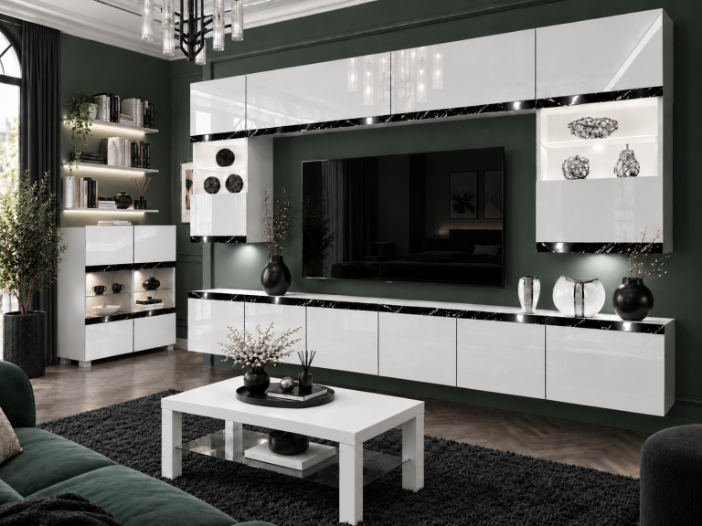 Composition murale Prestige 300 cm TV/RTV blanche brillante Fabricant IMP P2 Nolan 1/5/W/W/0/0/CS