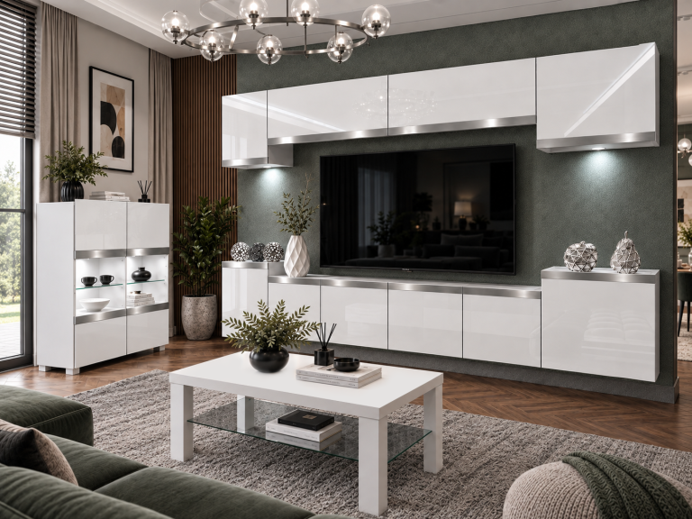 Meblościanka Prestige 300 cm TV/RTV biała połysk Producent IMP P Hepburn 4/5/W/W/0/0/SL