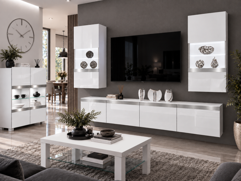 Composition murale Prestige 200 cm TV/RTV blanche brillante Fabricant IMP P Keanu 7/5/W/W/0/0/SL