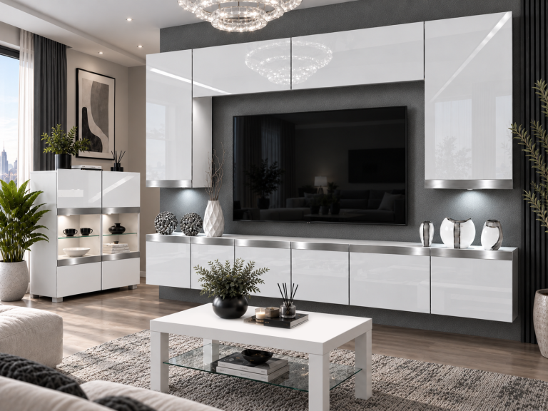 Composition murale Prestige 300 cm TV/RTV blanche brillante Fabricant IMP P Monroe 2/5/W/W/0/0/SL