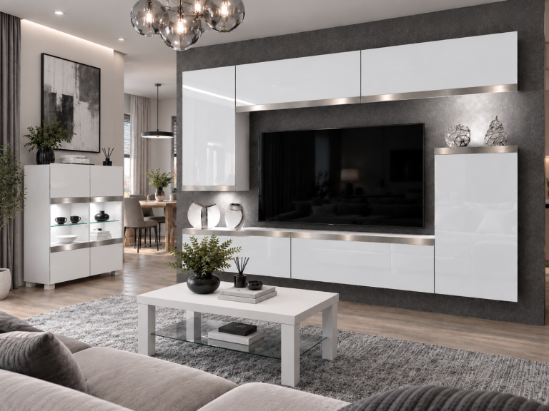 Composition murale Prestige 250 cm TV/RTV blanche brillante Fabricant IMP P Woody 8/5/W/W/0/0/SL