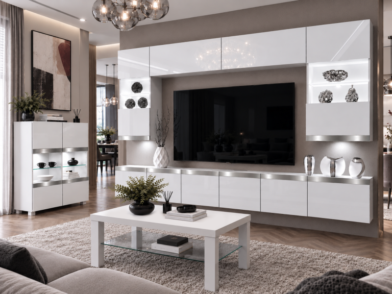 Composition murale Prestige 300 cm TV/RTV blanche brillante Fabricant IMP P1 Nolan 1/5/W/W/0/0/SL