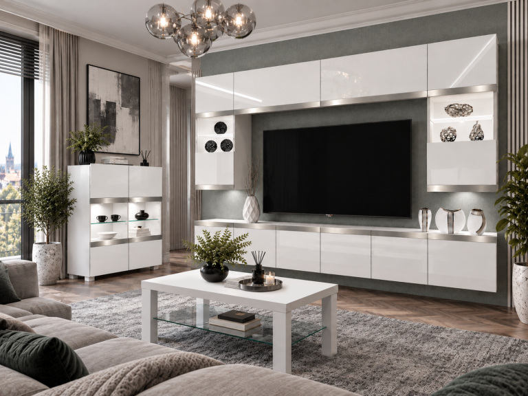 Composition murale Prestige 300 cm TV/RTV blanche brillante Fabricant IMP P2 Nolan 1/5/W/W/0/0/SL