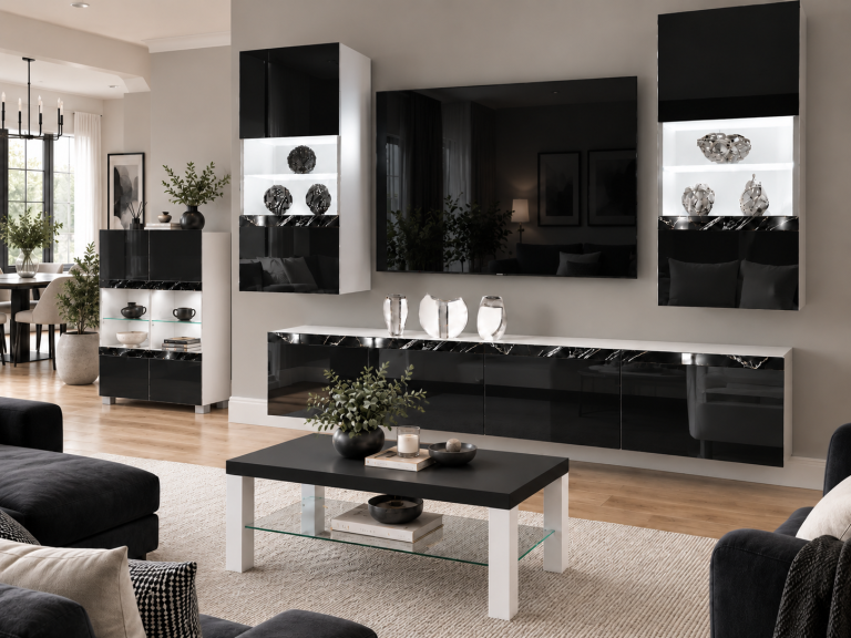 Composition murale Prestige 200 cm TV/RTV noire brillante Fabricant IMP P Keanu 7/5/W/B/0/0/CS