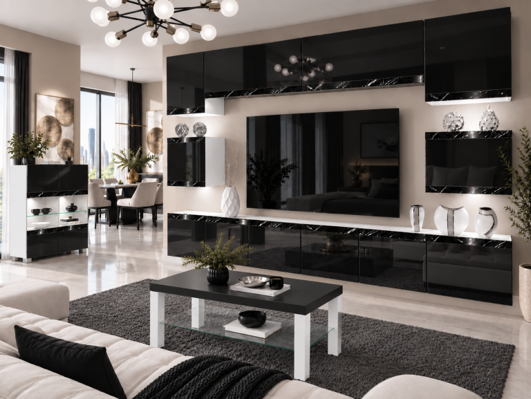 Composition murale Prestige 300 cm TV/RTV noire brillante Fabricant IMP P Tarantino 3/5/W/B/0/0/CS
