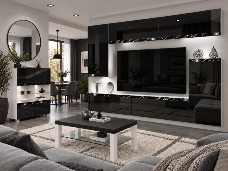 Composition murale Prestige 250 cm TV/RTV noire brillante Fabricant IMP P Woody 8/5/W/B/0/0/CS