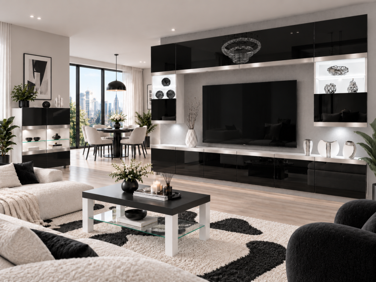 Composition murale Prestige 300 cm TV/RTV noire brillante Fabricant IMP P2 Nolan 1/5/W/B/0/0/SL