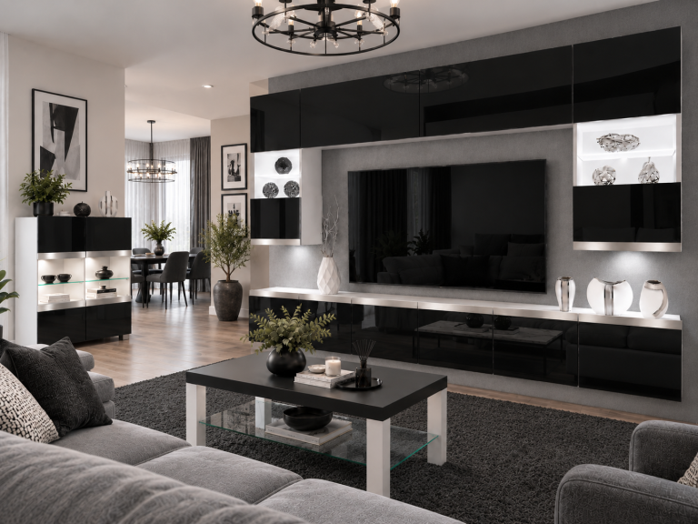 Composition murale Prestige 300 cm TV/RTV noire brillante Fabricant IMP P1 Nolan 1/5/W/B/0/0/SL