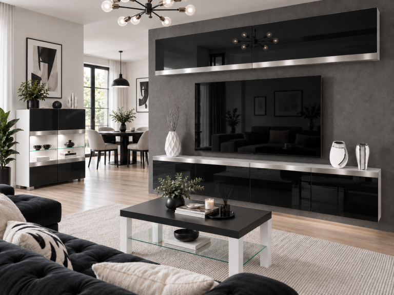 Composition murale Prestige 200 cm TV/RTV noire brillante Fabricant IMP P Brando 6/5/W/B/0/0/SL