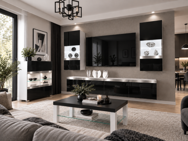Composition murale Prestige 200 cm TV/RTV noire brillante Fabricant IMP P Keanu 7/5/W/B/0/0/SL