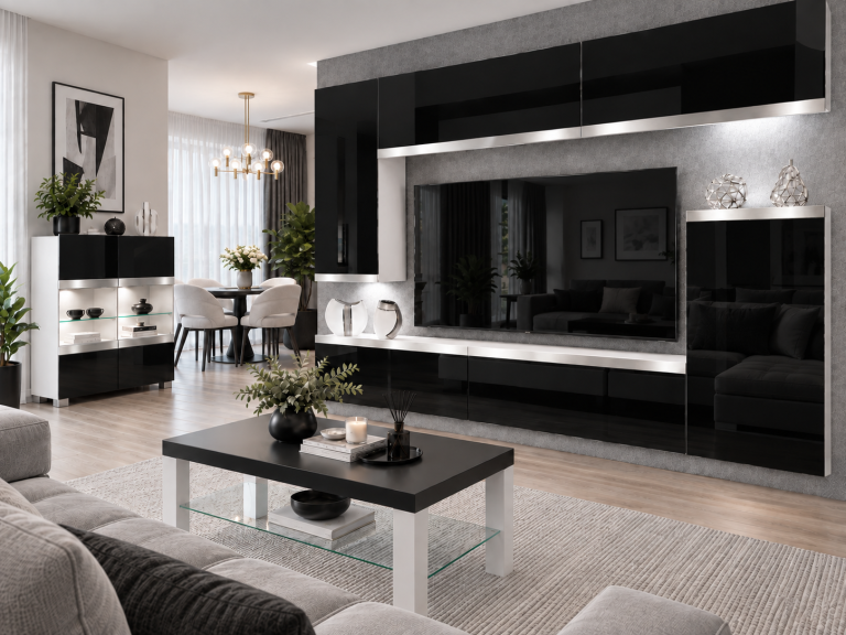Composition murale Prestige 250 cm TV/RTV noire brillante Fabricant IMP P Woody 8/5/W/B/0/0/SL