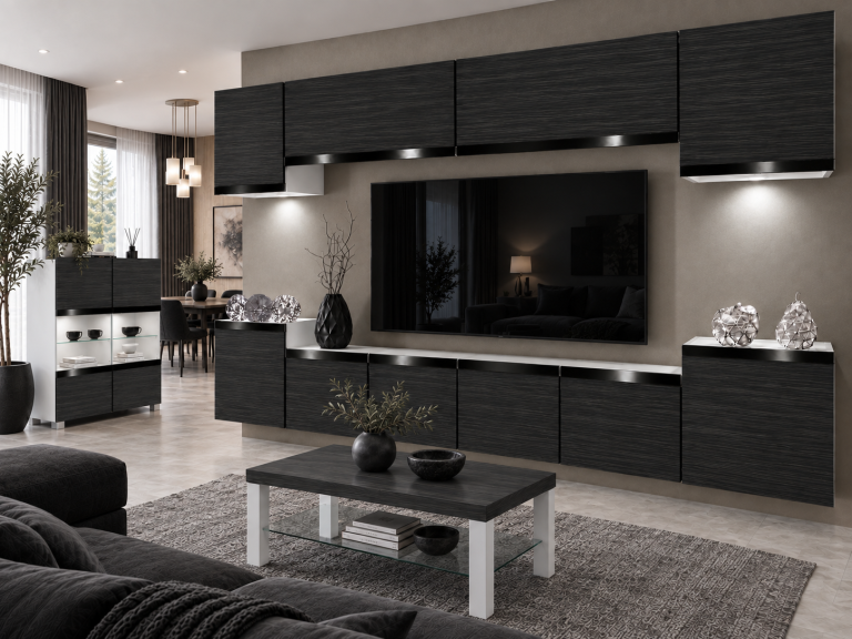 Meblościanka Prestige 300 cm TV/RTV czarna heban Producent IMP P Hepburn 4/5/W/HK/0/0/CP