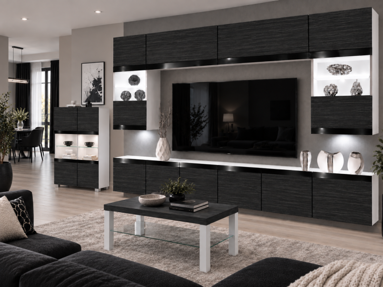 Meblościanka Prestige 300 cm TV/RTV czarna heban Producent IMP P2 Nolan 1/5/W/HK/0/0/CP