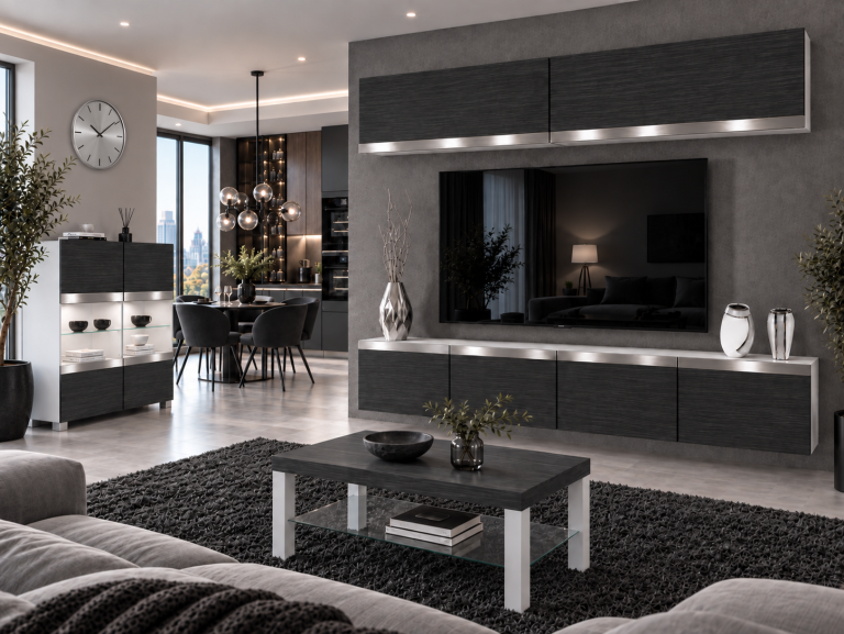 Composition murale Prestige 200 cm TV/RTV noire ébène Fabricant IMP P Brando 6/5/W/HK/0/0/SL