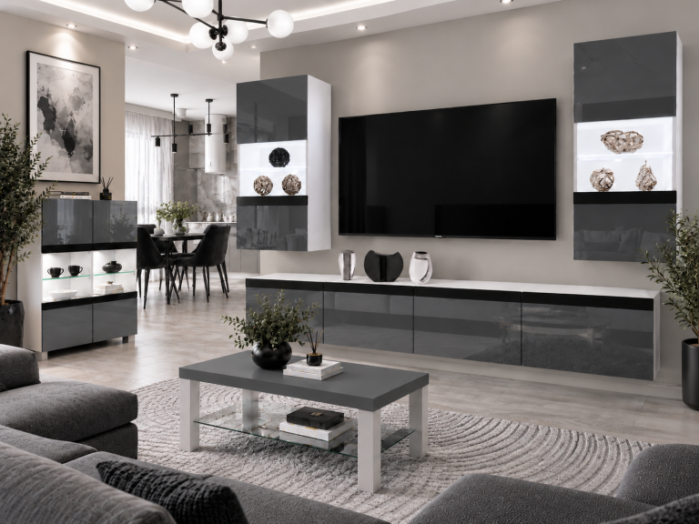 Composition murale Prestige 200 cm TV/RTV grise brillante Fabricant IMP P Keanu 7/5/W/S/0/0/CM