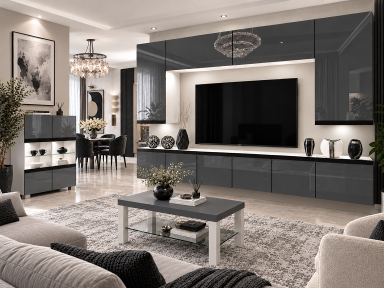 Meblościanka Prestige 300 cm TV/RTV szara połysk Producent IMP P Monroe 2/5/W/S/0/0/CM