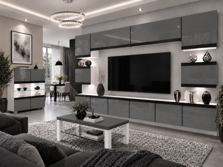 Composition murale Prestige 300 cm TV/RTV grise brillante Fabricant IMP P Tarantino 3/5/W/S/0/0/CM
