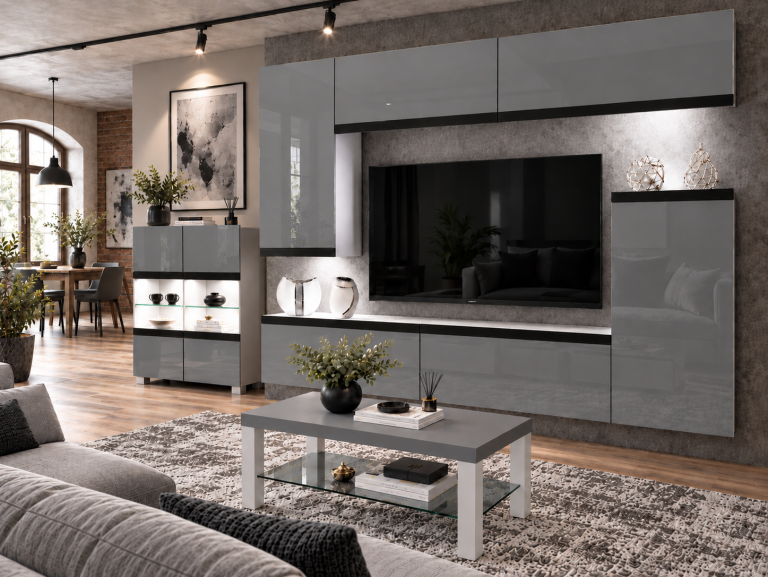 Composition murale Prestige 250 cm TV/RTV grise brillante Fabricant IMP P Woody 8/5/W/S/0/0/CM