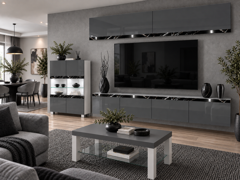 Composition murale Prestige 200 cm TV/RTV grise brillante Fabricant IMP P Brando 6/5/W/S/0/0/CS
