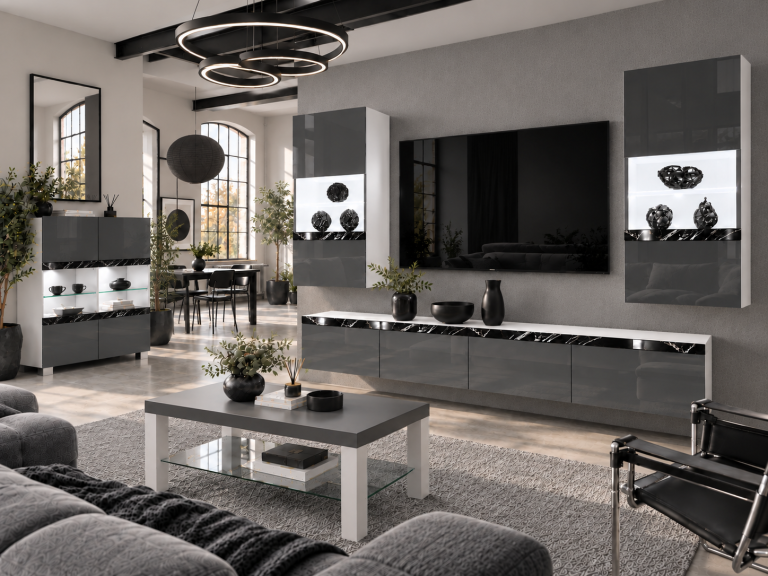 Composition murale Prestige 200 cm TV/RTV grise brillante Fabricant IMP P Keanu 7/5/W/S/0/0/CS