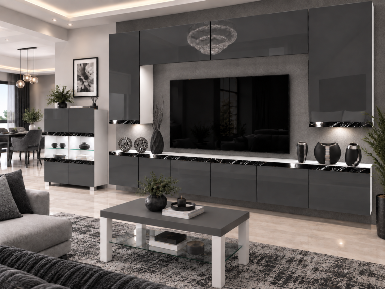 Composition murale Prestige 300 cm TV/RTV grise brillante Fabricant IMP P Monroe 2/5/W/S/0/0/CS