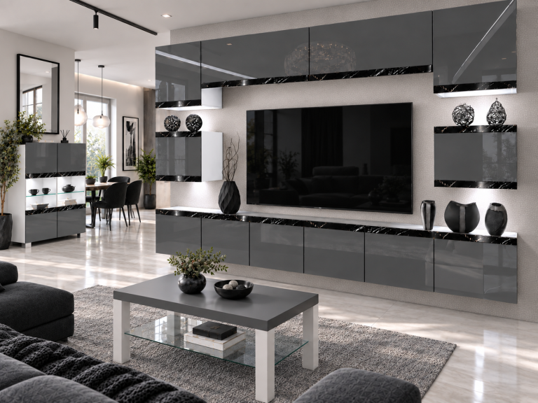 Composition murale Prestige 300 cm TV/RTV grise brillante Fabricant IMP P Tarantino 3/5/W/S/0/0/CS