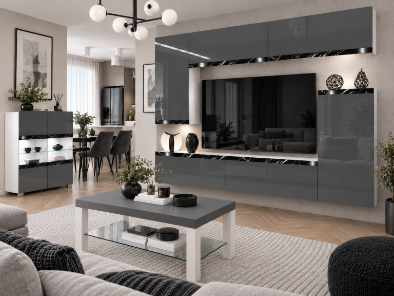 Composition murale Prestige 250 cm TV/RTV grise brillante Fabricant IMP P Woody 8/5/W/S/0/0/CS