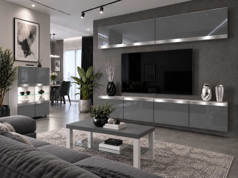 Composition murale Prestige 200 cm TV/RTV grise brillante Fabricant IMP P Brando 6/5/W/S/0/0/SL
