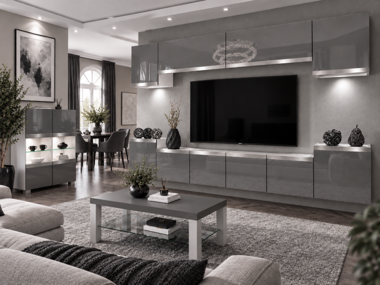 Composition murale Prestige 300 cm TV/RTV grise brillante Fabricant IMP P Hepburn 4/5/W/S/0/0/SL