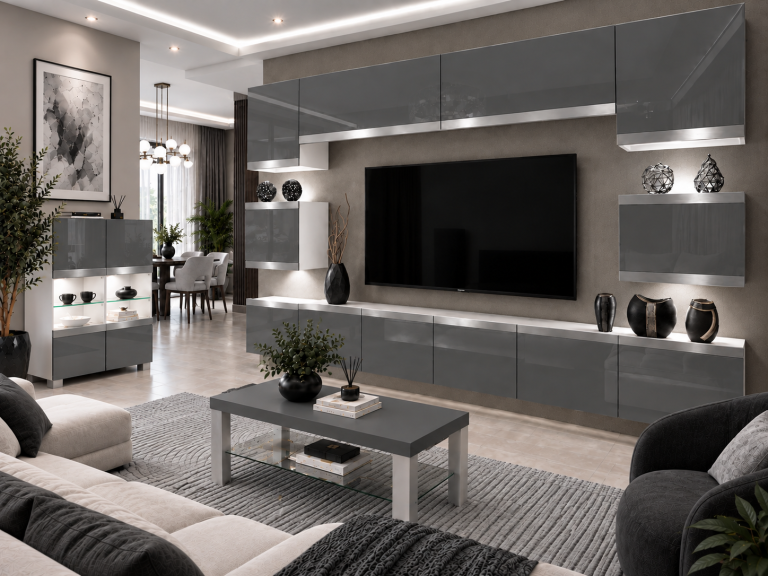 Meblościanka Prestige 300 cm TV/RTV szara połysk Producent IMP P Tarantino 3/5/W/S/0/0/SL