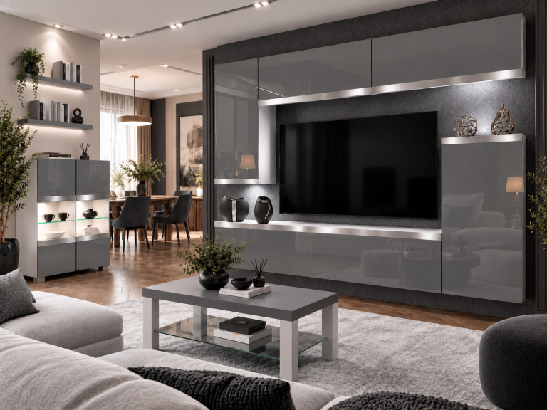 Composition murale Prestige 250 cm TV/RTV grise brillante Fabricant IMP P Woody 8/5/W/S/0/0/SL