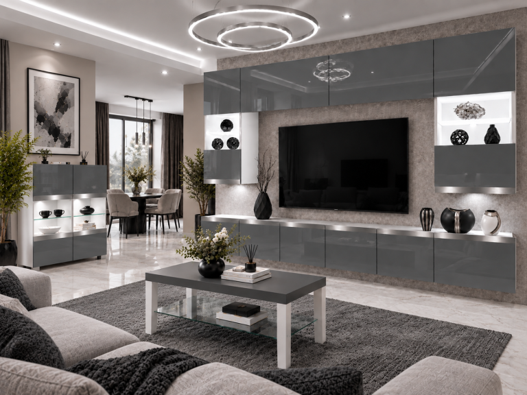 Composition murale Prestige 300 cm TV/RTV grise brillante Fabricant IMP P1 Nolan 1/5/W/S/0/0/SL