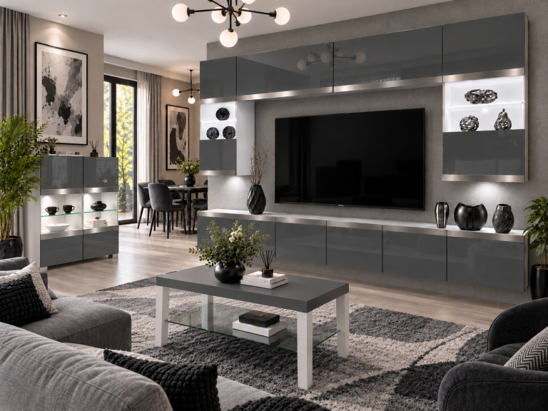 Composition murale Prestige 300 cm TV/RTV grise brillante Fabricant IMP P2 Nolan 1/5/W/S/0/0/SL