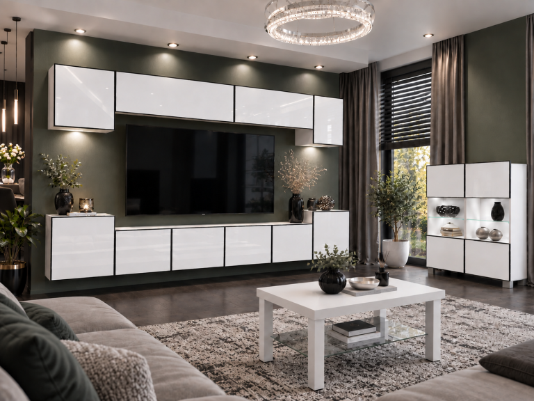 Composition murale Linea 300 cm TV/RTV blanche brillante Fabricant IMP L Hepburn 4/5/W/W/0/0