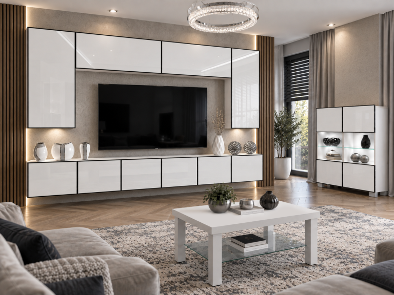 Composition murale Linea 300 cm TV/RTV blanche brillante Fabricant IMP L Monroe 2/5/W/W/0/0