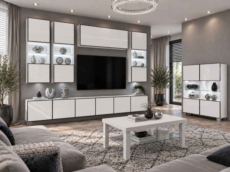 Composition murale Linea 300 cm TV/RTV blanche brillante Fabricant IMP L Pacino 5/5/W/W/0/0