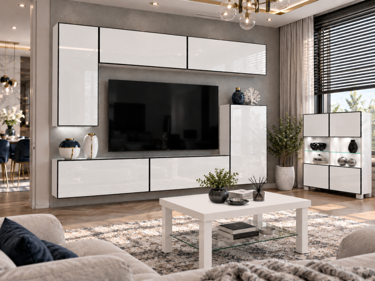 Composition murale Linea 250 cm TV/RTV blanche brillante Fabricant IMP L Woody 8/5/W/W/0/0