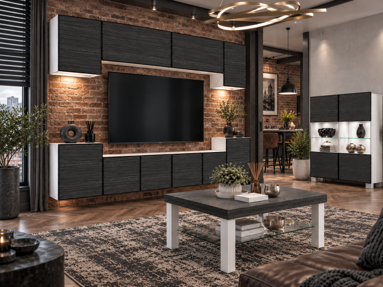 Meblościanka Linea 300 cm TV/RTV czarna heban Producent IMP L Hepburn 4/5/W/HK/0/0