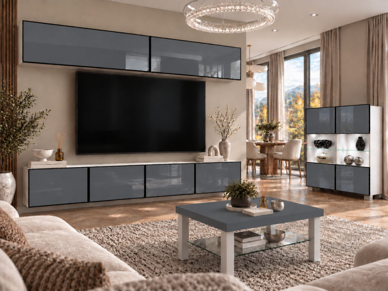Composition murale Linea 200 cm TV/RTV grise brillante Fabricant IMP L Brando 6/5/W/S/0/0