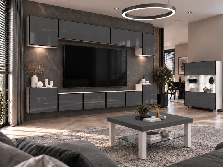 Meblościanka Linea 300 cm TV/RTV szara połysk Producent IMP L Hepburn 4/5/W/S/0/0