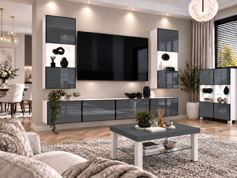 Composition murale Linea 200 cm TV/RTV grise brillante Fabricant IMP L Keanu 7/5/W/S/0/0