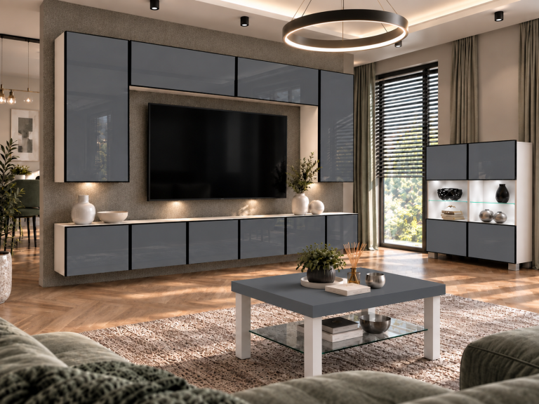 Meblościanka Linea 300 cm TV/RTV szara połysk Producent IMP L Monroe 2/5/W/S/0/0