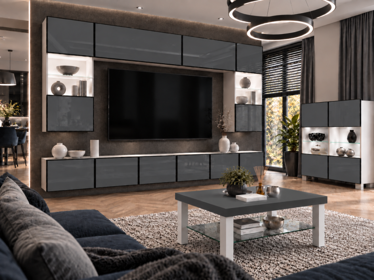 Meblościanka Linea 300 cm TV/RTV szara połysk Producent IMP L Nolan 1/5/W/S/0/0
