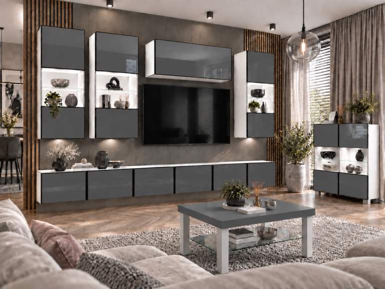 Composition murale Linea 300 cm TV/RTV grise brillante Fabricant IMP L Pacino 5/5/W/S/0/0