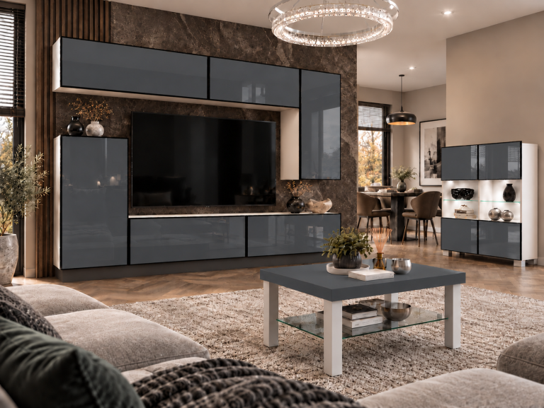Composition murale Linea 250 cm TV/RTV grise brillante Fabricant IMP L Woody 8/5/W/S/0/0