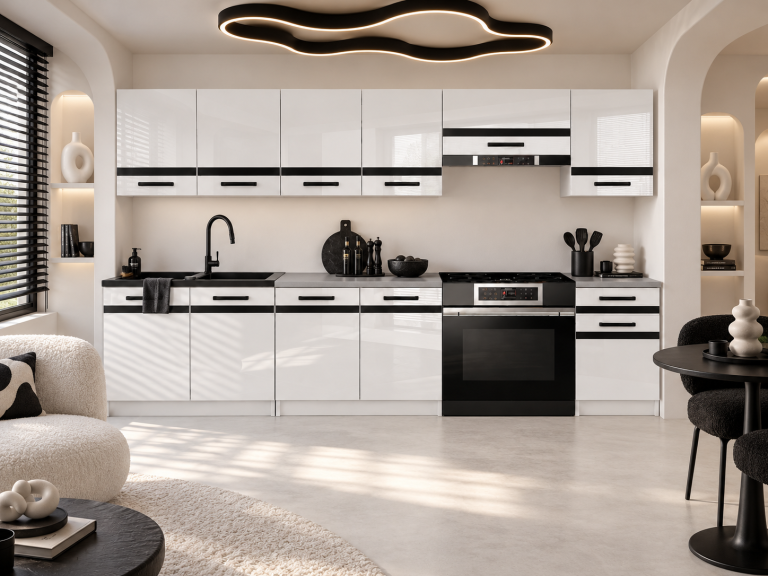 Meubles de cuisine Prestige 260 cm blanc brillant avec plan de travail Fabricant INF P Frida/0/WT/W/0/A1/CM