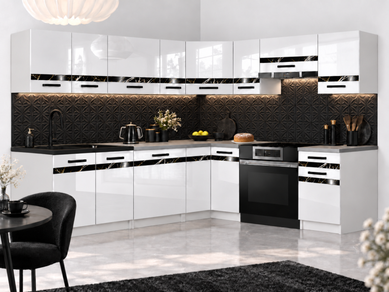 Meubles de cuisine Prestige 420 cm blanc brillant avec plan de travail Fabricant INF P Gustav/0/WT/W/0/A1/CS