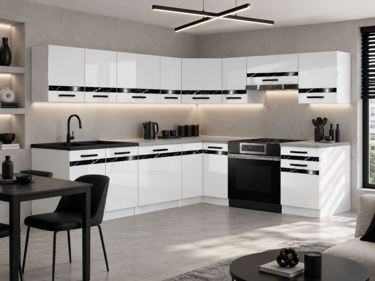Meubles de cuisine Prestige 420 cm blanc brillant avec plan de travail Fabricant INF P Gustav/0/WT/W/0/A1/CS