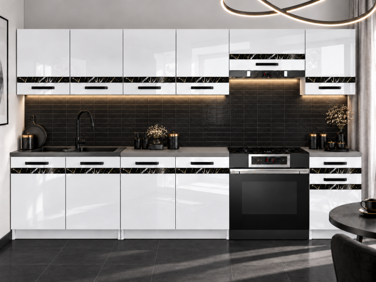 Meubles de cuisine Prestige 260 cm blanc brillant avec plan de travail Fabricant INF P Frida/0/WT/W/0/A1/CS